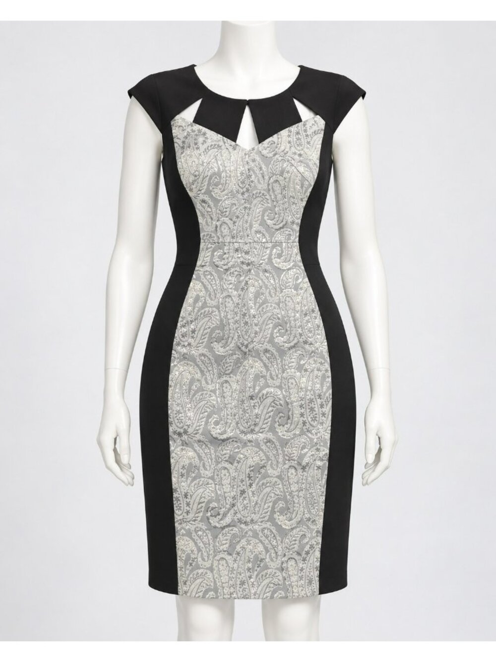 JAX Black & Silver Paisley Bodycon Dress Keyhole Neck Back Zip Size 14
